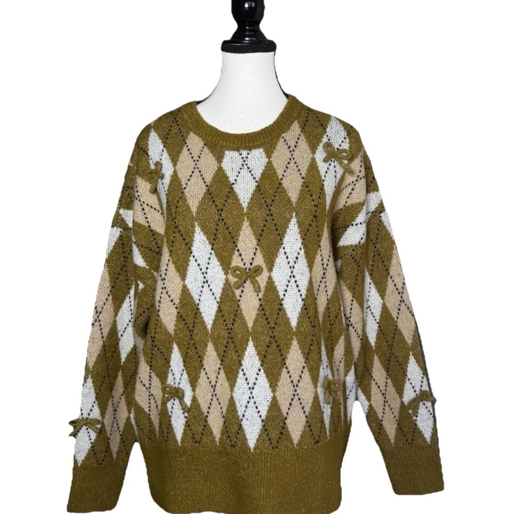 Anthropologie Maeve 3D Bow Argyle Crew Neck Sweater Small Green Brown Oversized - Picture 3 of 8